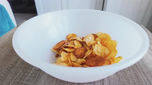 Potato Chips Bowl On The Table Background. Zoom Out View.