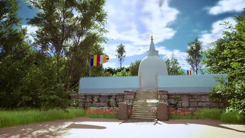 poya background Serene Buddhist stupa nestled in lush greenery with prayer flags fluttering green