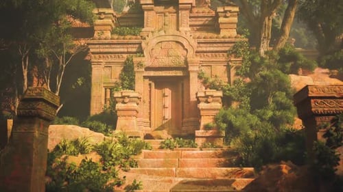 Ancient Religious Area Adorned with Rich Foliage and Timeworn Etchings