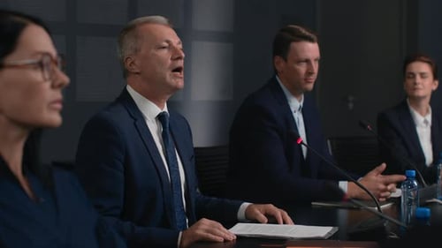 Speech Of Political Speaker At Meeting Room Of Modern Business Center. Man In Suit Explains Leade...