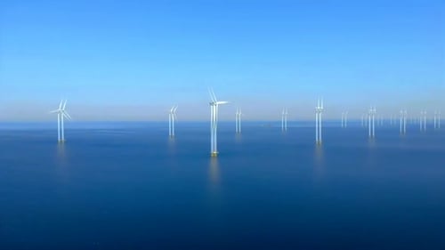Offshore Windmill Park Windmill Turbines in Ocean Aerial View Wind Turbine Flevoland Netherlands