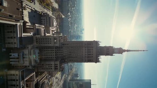 Aerial View Perspective of Historic Palace of Culture and Science Illuminated By Sun Architectural