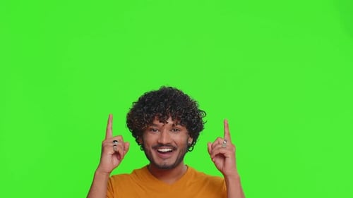Indian Man Showing Thumbs Up Pointing Empty Place Advertising Area for Commercial Text Copy Space