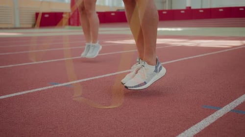 Athletes Skipping Rope Indoors on Track Together
