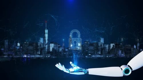 Robot Ai Hand Hologram Cyber Security Data Protection Business Privacy Concept Security Padlock in