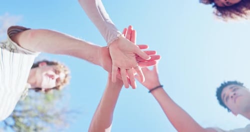 Group, youth and hands in circle for collaboration, friends in outdoor community with students