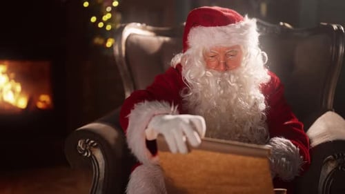 Santa Claus Reading Scroll by Fireplace at Night
