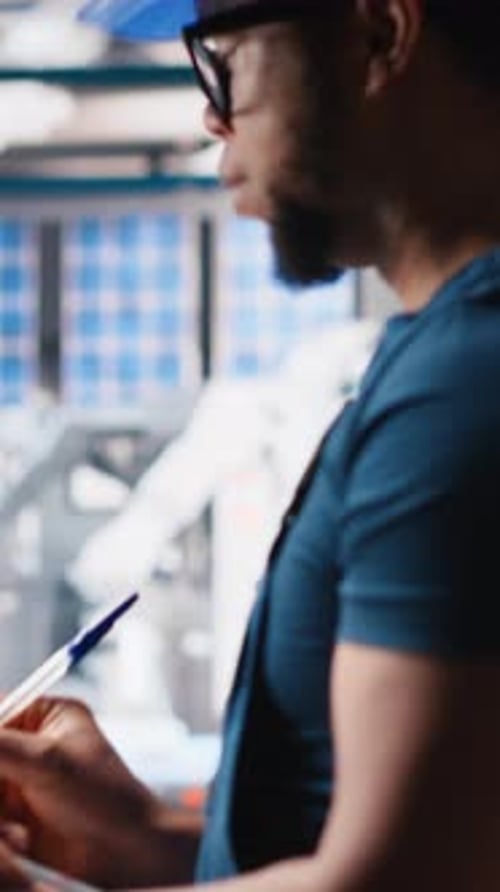 Vertical Video Black Photovoltaics Factory Technician Looking Over Paperwork Documents