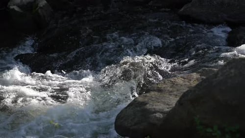 Slightly shaky handheld shot of fast-flowing stream striking a rock. Sunlight illuminates impact poi