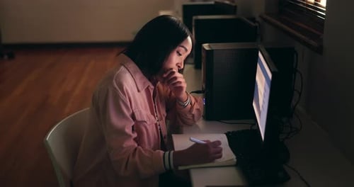 Student, night and woman yawning, tired and computer with assignment, planning and exhausted