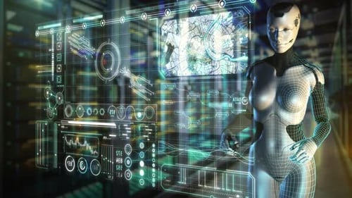 Ein humanoider Roboter bedient eine futuristische Schnittstelle mit geographischen Daten