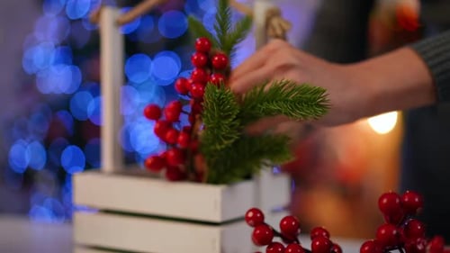 Closeup Green Fir Tree Branch and Red Decorative Red Berries in Basket with Female Hand Making