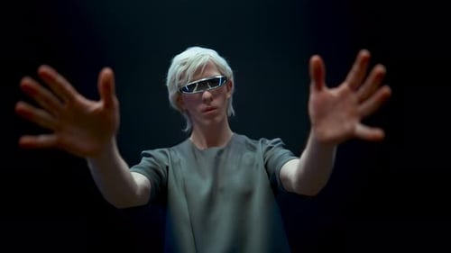 Closeup Vr Player Immersing Augmented Reality in Futuristic Glasses Dark Room