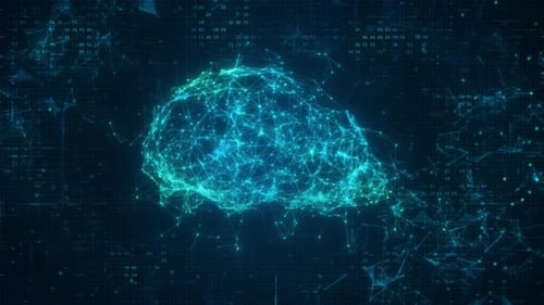 Rotating Futuristic Plexus Brain with Glowing Effects Over Digital Data Background