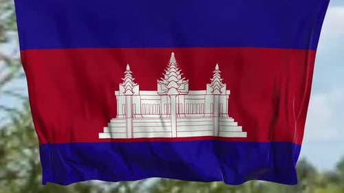 Realistic Waving Cambodia Flag Loop with Blue Sky Background