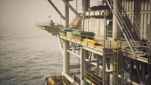 Old Offshore Oil Platform Overlooking Calm Ocean Waters at Sunrise