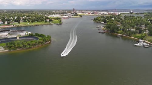 Motorboat With Wake In Panama City Beach, Florida, USA - Aerial Drone Shot