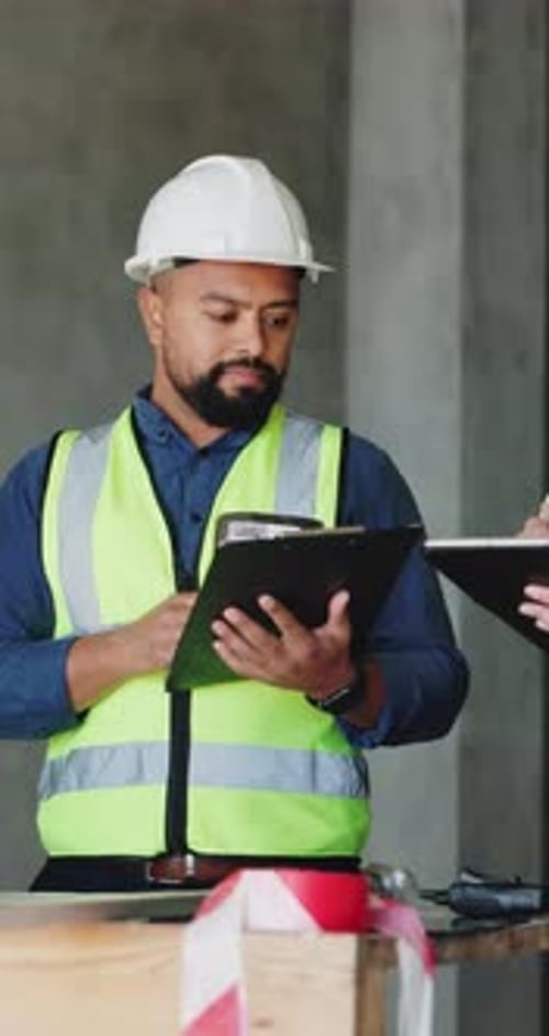 Architecture, planning and men with clipboard, construction site for building project and tablet