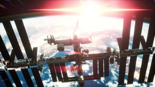 Close Up ISS Flying Over Earth Globe Atmosphere