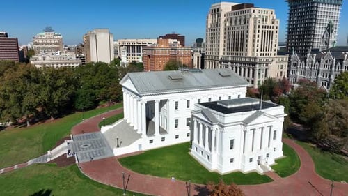 Virginia state capitol building. Aerial view of historic white building in downtown Richmond, Va.