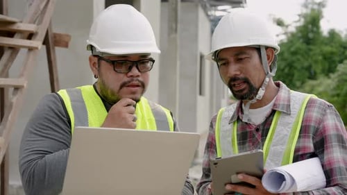 Engineer walks with blueprints to consult with Asian construction supervisor using a walkie-talkie.