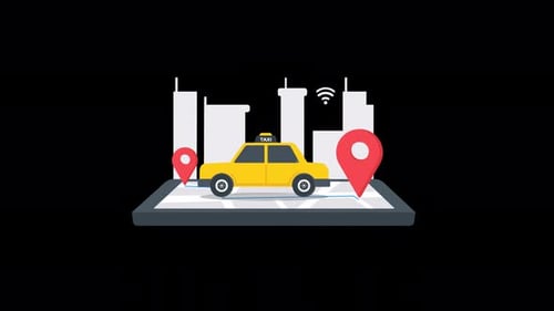 Animated Flat Design Taxi GPS Navigation on City Map