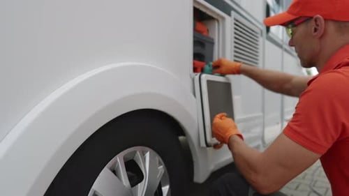 Un technicien en camping-cars nettoie le compartiment à cassette des toilettes pour camping-cars