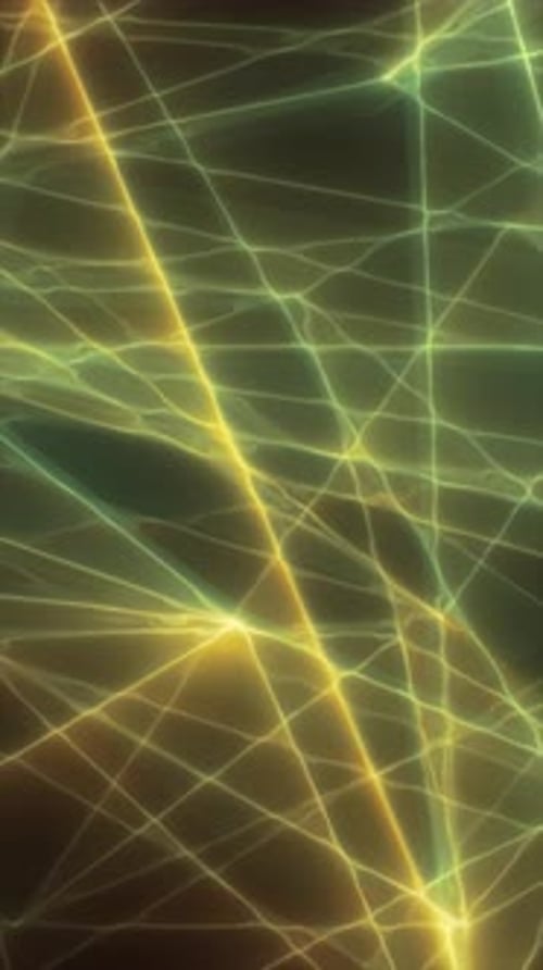 Abstract intersecting yellow and green light beams forming a glowing geometric grid pattern