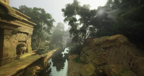 Peaceful Secluded Valley Lined with Towering Trees and Shimmering Water