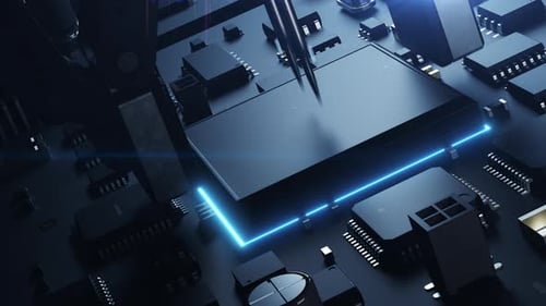 Ein Roboterarm auf einem Förderband setzt eine CPU auf eine Leiterplatte ein.