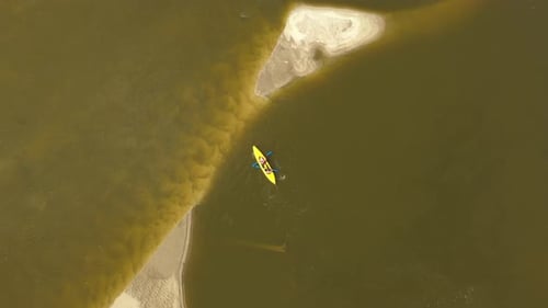 Rafting on the river, Kayaking view from a height, team of explorers floating on a river