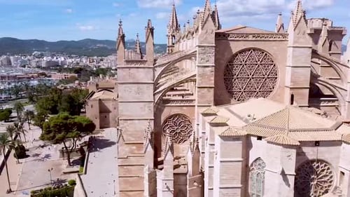 Drone view track left of the Cathedral Santa Maria in Palma de Mallorca, Spain