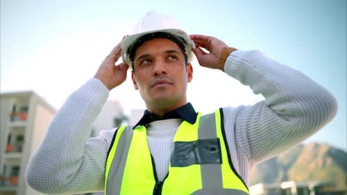 Architecture, construction and engineering man outside at the office building