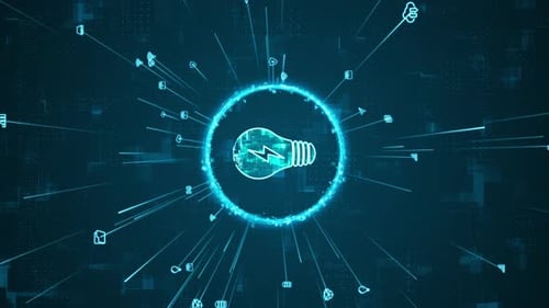 Blue digital lame logo and ring rotation around logo with ai icon spread and line linked