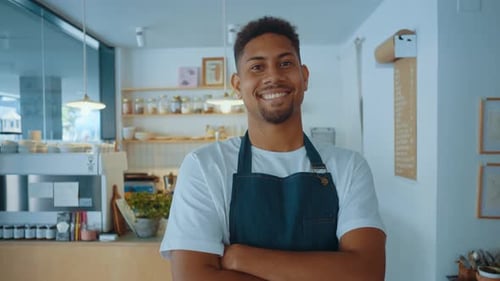 Imagem cinematográfica de funcionários de garçons trabalhando em um café de estilo nórdico.