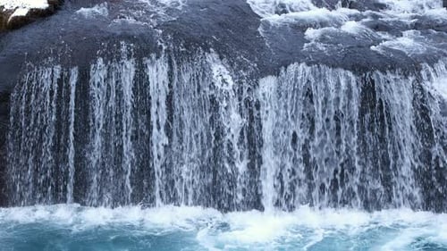 Waterfall Mountain River Flowing Through Stone Boulders Clear Stream Iceland