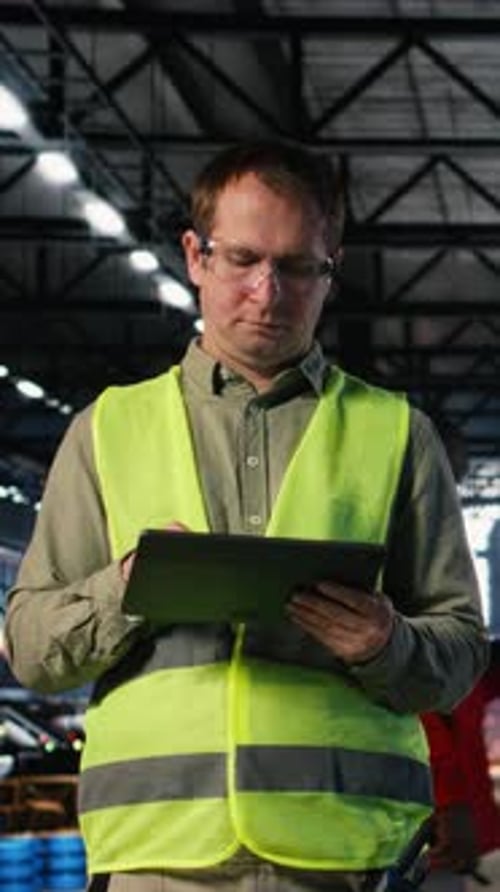 Vertical Video Technician in a Warehouse Inspects Metal Components with Tablet