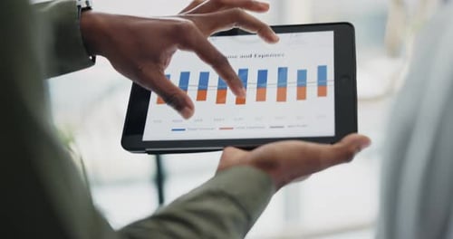 Business people, hands and tablet in data analytics, expenses or income with budget graph