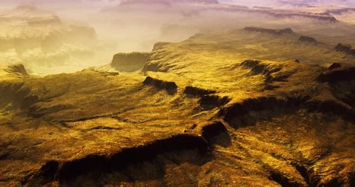 Golden Alien Planet Landscape Aerial Flyover