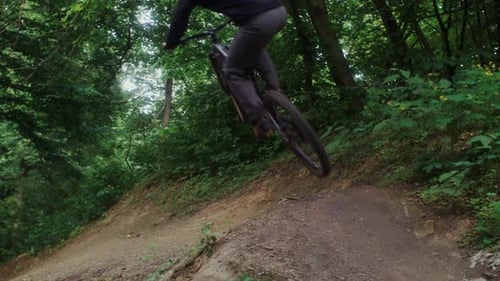 Mountain Biker Launches Off Dirt Jump on Forested Trail