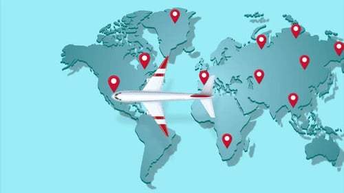 Animated Airplane Travel Across World Map with Location Pins