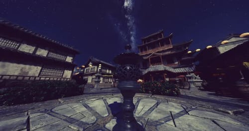 Exploring a Serene Night Market with Traditional Architecture and Stars