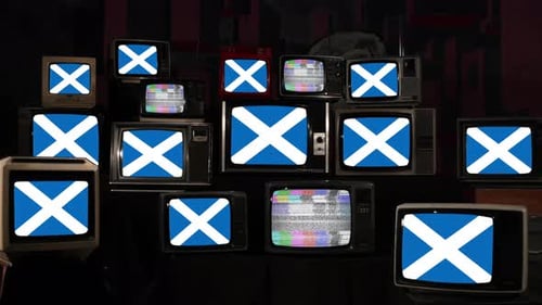The Scotland Flag Is Displayed on a Stack of Old Retro Televisions. 4K.