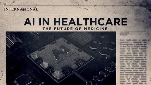 Retro Glitch Newspaper Headline for AI in Healthcare