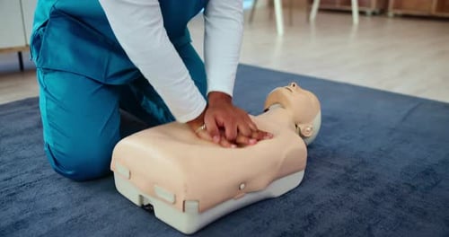 Hands, cpr dummy and doctor training, medical student and learn resuscitation in hospital