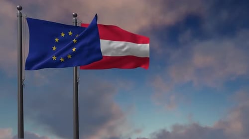 European Union and Austrian Flags Waving in Wind