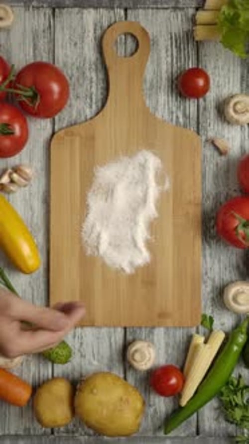 Vertical of A Male Hand Raking Up Spilled Salt From a Cutting Board