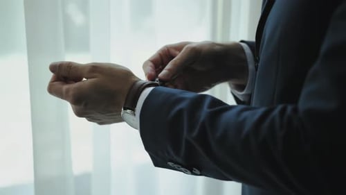 Adult Man Fastening Elegant Watch Before Wedding