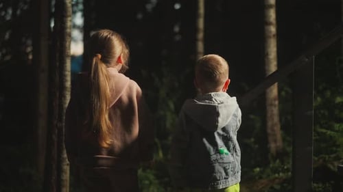 Children Brother and Sister in Jackets Look at Dark Forest at Resort
