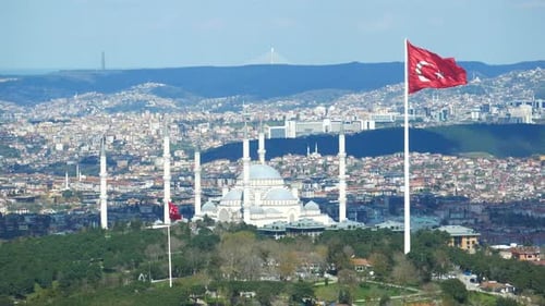High Angle View of Camlica Mosque and Turkey Flag in Istanbul